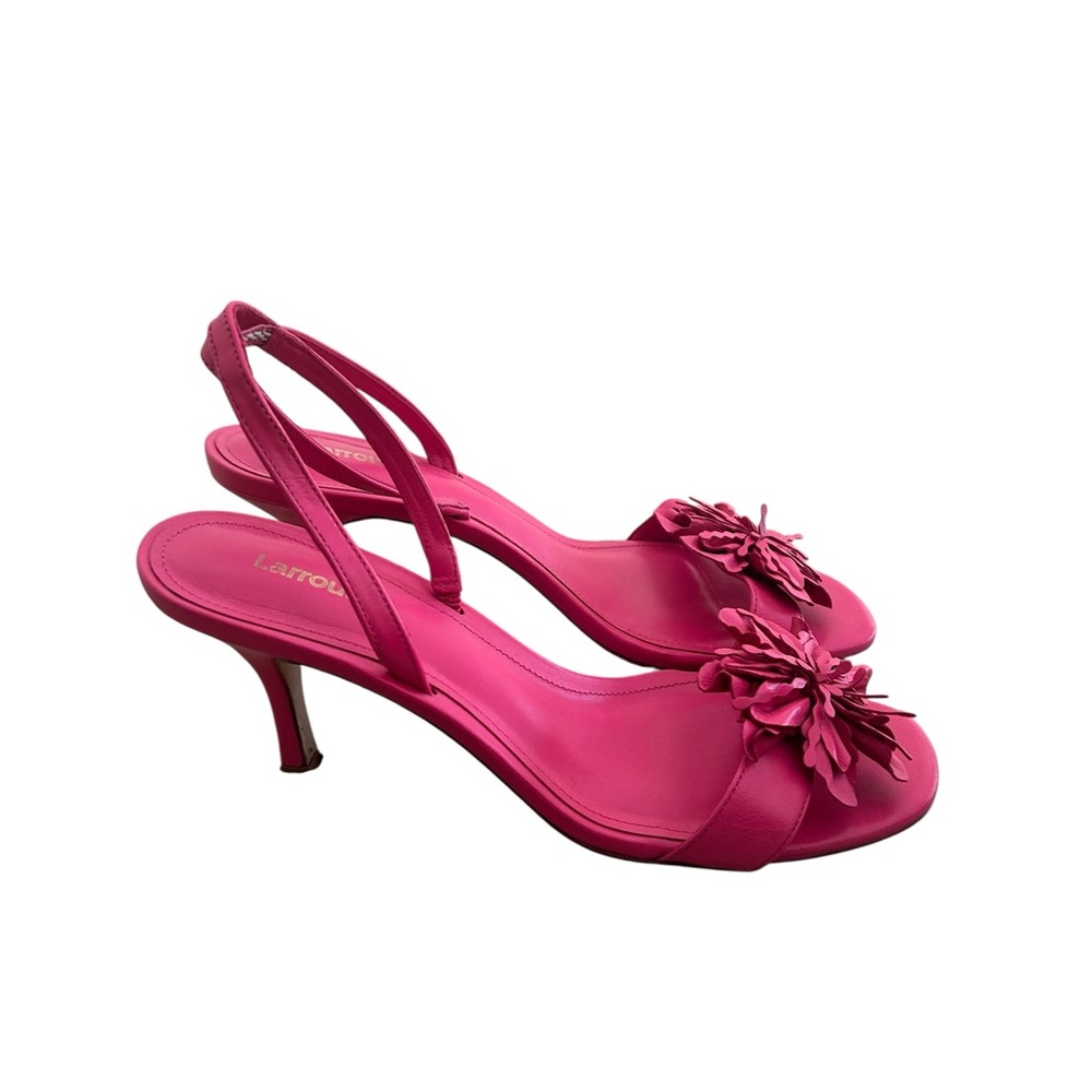 Larroude Fuchsia pink hibiscus Flower slingback heeled sandals in box size 8.5 - Picture 2 of 15